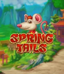 A whimsical illustration of a mouse wearing a red traditional Chinese outfit positioned in front of a picturesque mountain backdrop. The image is for the Spring Tails game by Betsoft, highlighted with prominent red and gold logo lettering.